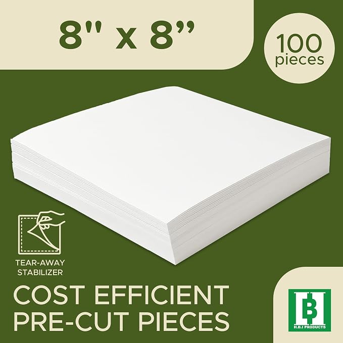HBI Tear Away Embroidery Stabilizer Sheets, 8 x 8 in, 100 Pack | 1.8 oz tearaway backing, machine and hand embroidery, tears clean, fits all hoops and machines, white, made in USA