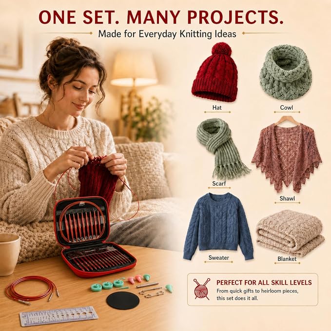 Aeelike 13 Pair Interchangeable Circular Knitting Needles Set 3-10 mm, Red | Aluminum Interchangeable Knitting Needles with 4 Cables, Smooth Complete Needles Set for Socks Blankets Sweaters, Ideal Gift
