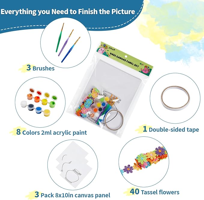 DIY Vase Pre Drawn Canvas Painting Kit, 3-Pack 8x10 Inch Canvas Panels, 40 Tassel Flowers, 8 Acrylic Paints, 3 Brushes & Double-Sided Tape, Creative Art Kit for DIY Projects & Crafting Fun