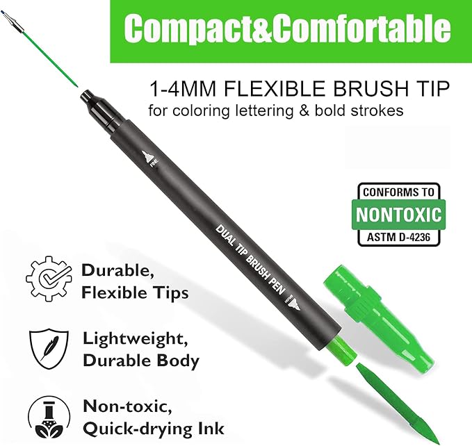 Green Double Tip Brush Pens Art Markers,24 Colored Artist Fine Brush Pen Coloring Markers for Adult Drawing Art Craft Kit