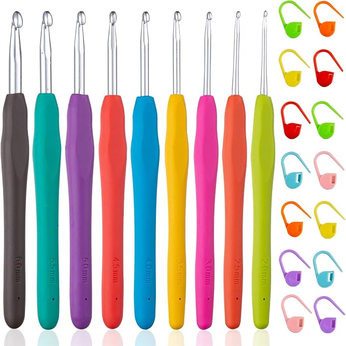 Vodiye 9 Sizes Crochet Hooks 2.0–6.0mm, Ergonomic Crochet Hook Set, Crochet Needles for Beginners, DIY Projects and Craft Lovers