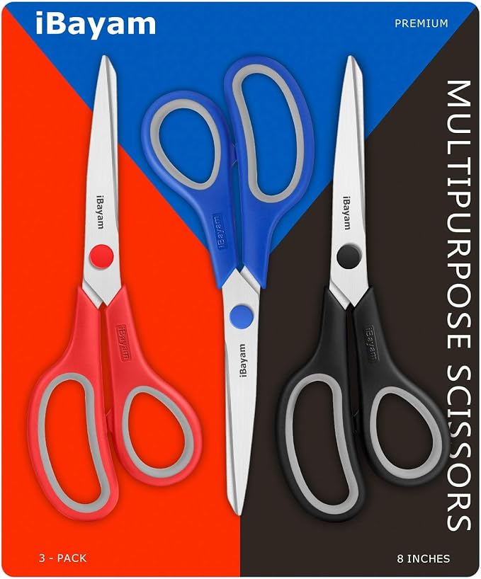 iBayam 8.5" Household Scissors All Purpose 3 Pack, Red Black Blue Scissors | Ultra Sharp 2.5mm Thick Blade Shears Comfort-Grip for Office Desk Sewing Fabric Home Craft School Supplies, Right/Left Handed