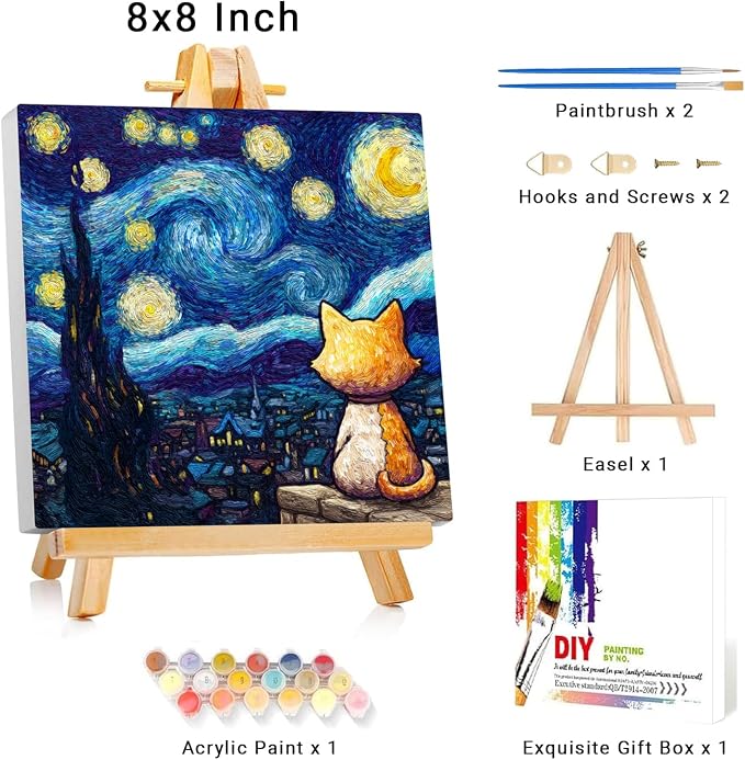Framed Paint by Numbers Kit for Adults Beginner & Kids Ages 8-12 Starry Night Adult Paint by Number Kits on Canvas with Easel Cat Painting by Numbers for Adults with Frame DIY Painting Kits 8x8 Inch