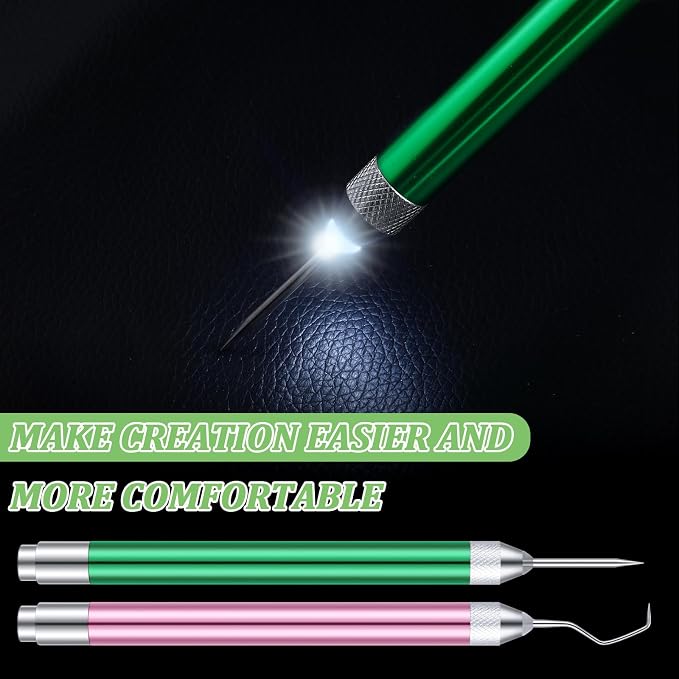 Therwen 2 Pcs LED Vinyl Weeding Pen Tools with Hook Tips, Pink, Green | Built-in LED Light, Tiny Vinyl Detail Removal, for Heat Transfer, Compatible with Silhouette Machines