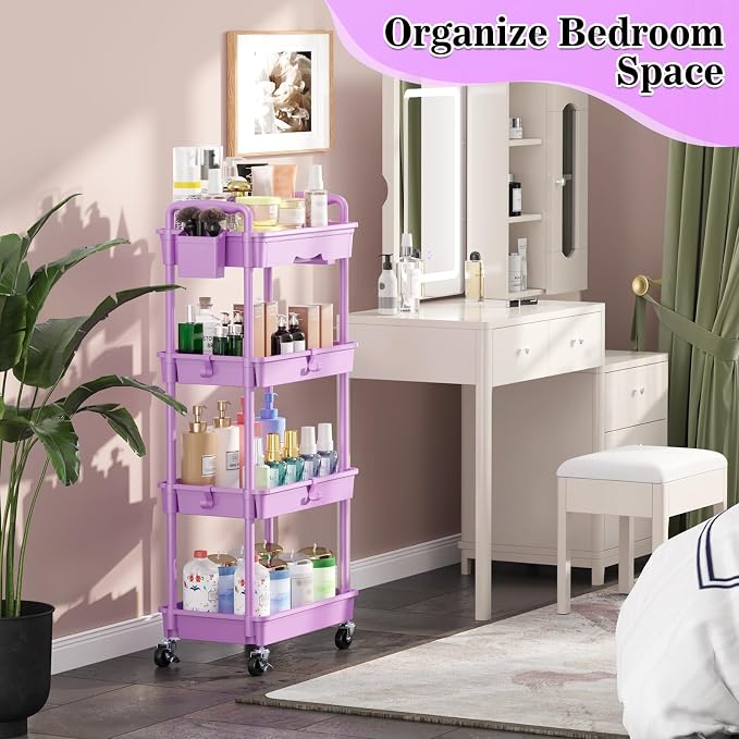 SUNALLY 4 Tier Rolling Cart with Drawer,Craft Storage Cart Organizer,Purple