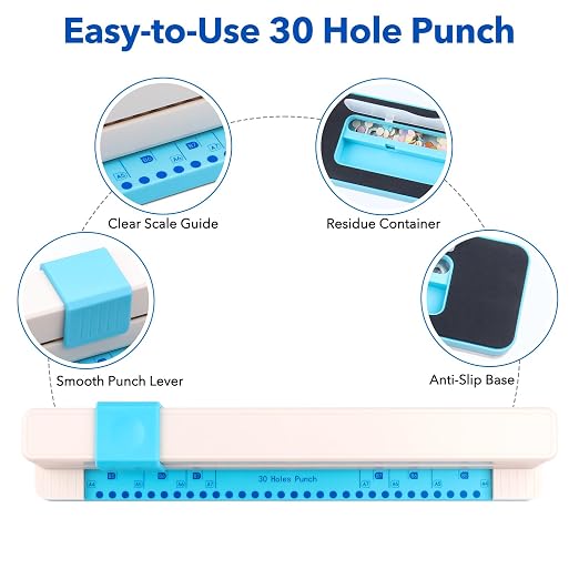 30 Holes Binding Punch,Loose Leaf Paper Punch Machine,Portable Hand Pushed Multi-Hole Puncher for Notebooks, Agendas, Planners,to-Do Lists, School Works and so Much More