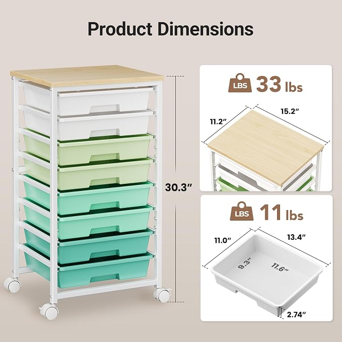 Pipishell Rolling Cart with 8 Drawers, Craft Storage Cart, Green Gradient