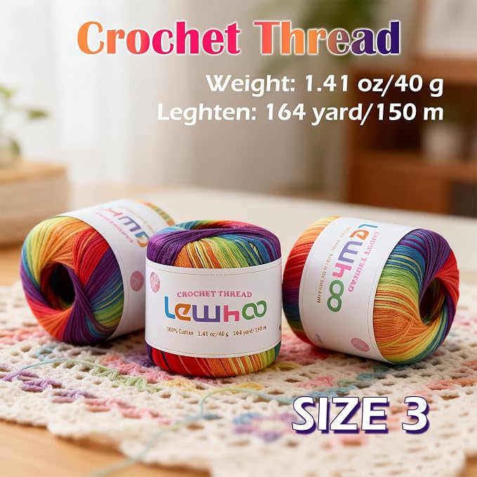 Crochet Thread Size 3, 3 Pack 100% Cotton Lace Yarn Set Rainbow