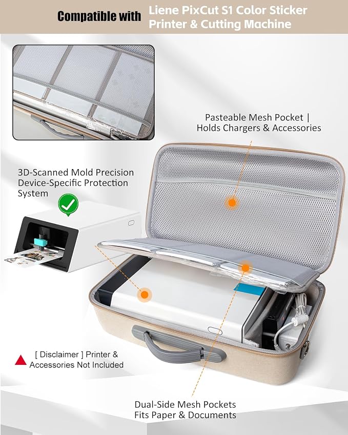 Hard Carrying Case for Liene PixCut S1 Color Photo Sticker Printer & Cutting Machine All-in-One Sticker Maker for DIY Crafts, PixCut S1 Storage Bag with Adjustable Divider (PixCut S1-Khaki)