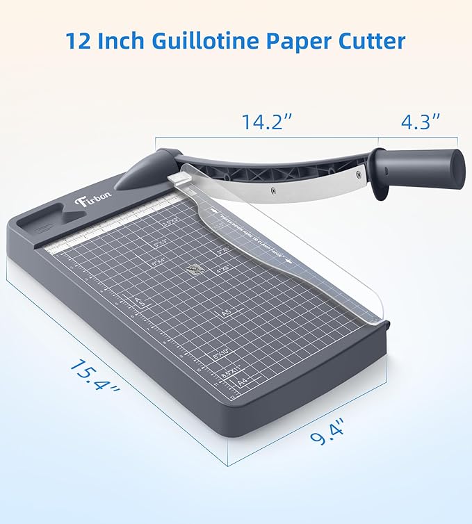 Firbon 12 Inch Guillotine Paper Cutter, Heavy Duty Paper Trimmer, Gray | 12-Sheet Capacity | Dual Scales | Paper, Cardstock & Photo Trimming | Scrapbooking Crafts | Office, Home & Studio Use