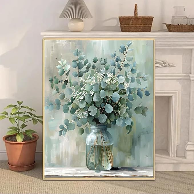Eucalyptus Flowers Paint by Number Framed with Wooden Easel 12x16inch | Adult Paint by Numbers, Flowers Canvas Paint by Numbers for Adults, DIY Acrylic Painting Kits for Adults, Home Decor Gifts