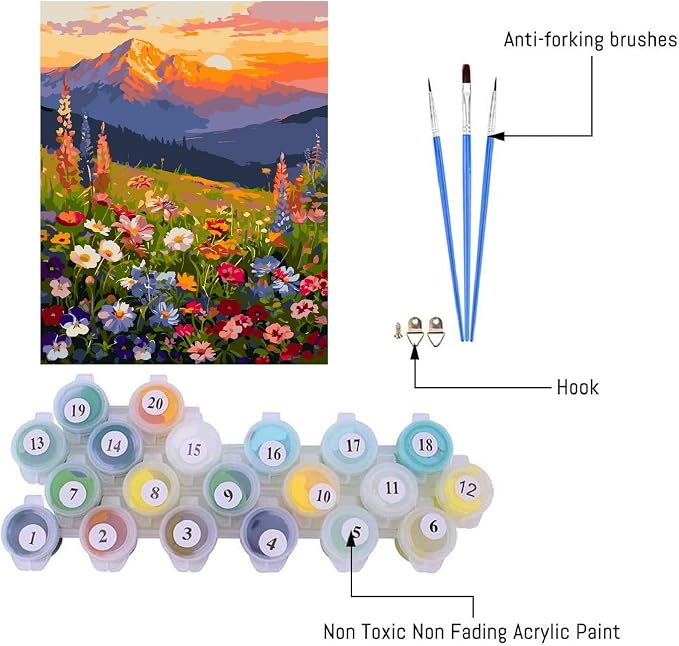 Clendo Landscape Paint by Numbers Kit for Adults Beginner, Flower Mountain Adult Paint by Number Kits on Canvas, Sunset Oil Painting Kit for Beginners Gift Home Wall Decor 16x20 Inch
