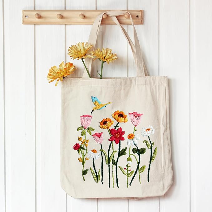 Louise Maelys Canvas Tote Bag Embroidery Kit, Hummingbird Floral Pattern