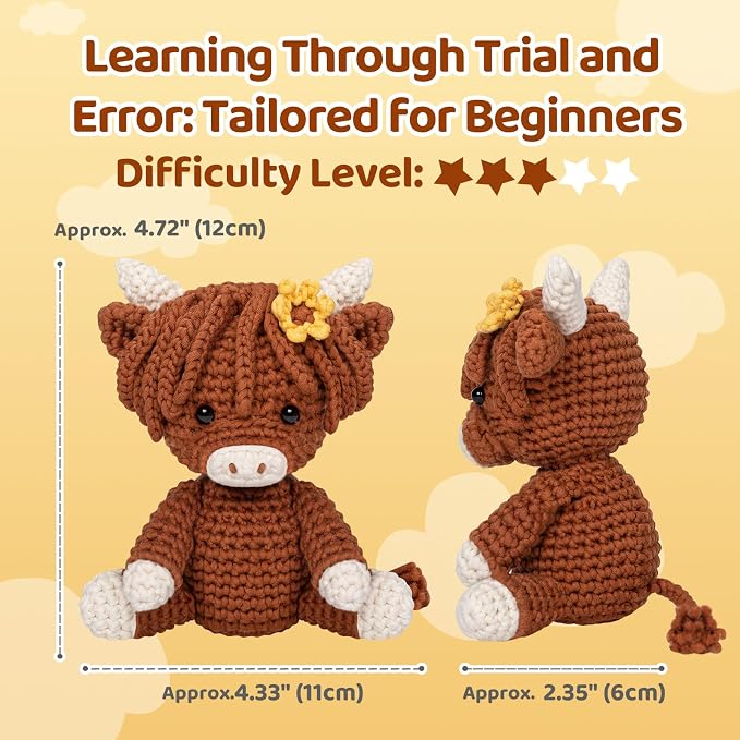 Mewaii Highland Cattle Crochet Kit for Beginners, 40% Extra Yarn | Video Tutorial, Pre-Started Piece, Gift Box, Level 1 Starter Kit, Family Craft for Adults, Kids & Beginners