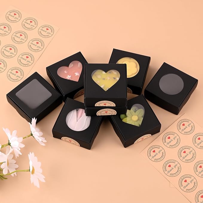 Moukiween Soap Boxes for Homemade Soap, Soap Packaging Gift Box with Window | 2.95 X 2.95 X 1.18 Inch Soap Packaging Gift boxes Black with Window, Small Square Soap Wrapping Boxes (30PCS)