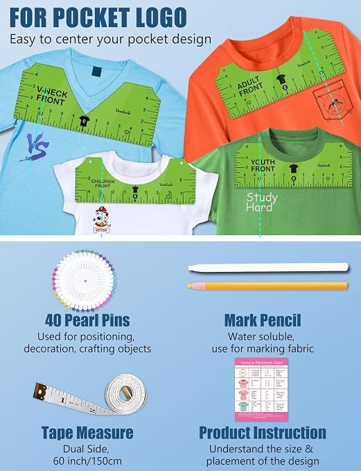 Vowlove T-Shirt Placement Guide for Cricut Heat Press and Vinyl Transfers | Reusable Alignment Tool for Front, Back and Chest Logo Positioning with Heat Press, Embroidery and Apparel Making