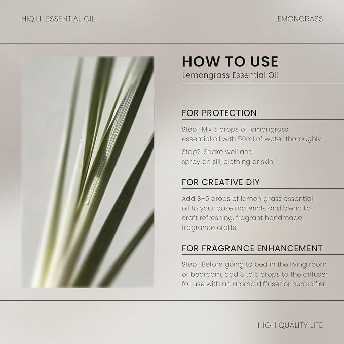 HIQILI Lemongrass Essential Oil for Diffuser, Outdoor Protection