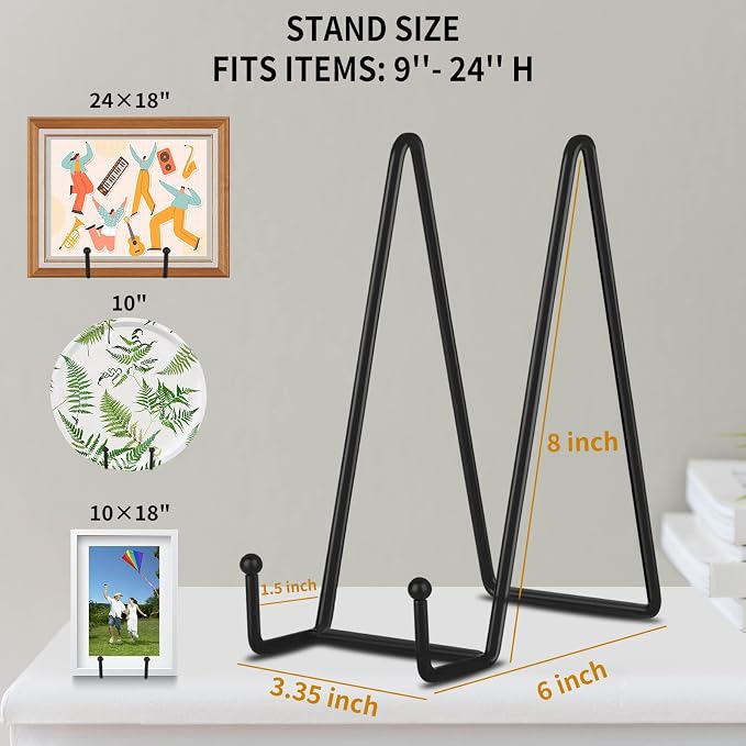 Decolore 8 Inch 3 Pack Black Metal Plate Holder Display Stands for Picture, Decorative Plate, Book, Photo Easel, Artistic Work
