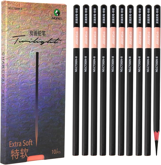 Marie's Charcoal Pencils for Drawing, 10 Pieces, Extra Hard Hard Medium Soft Extra Soft, Sketching Pencils for Artists, Smooth Charcoal Core for Layering, Blending and Detailed Artwork(Extra Soft)