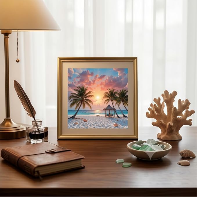 5D Beach Sunset Diamond Art kits for Adults Beginners 13.8x13.8inch | Coastal Ocean Palm Trees Diamond Painting Kit, DIY Full Round Drill Paint by Diamonds Dot Gem Art for Adult, Home Wall Decor