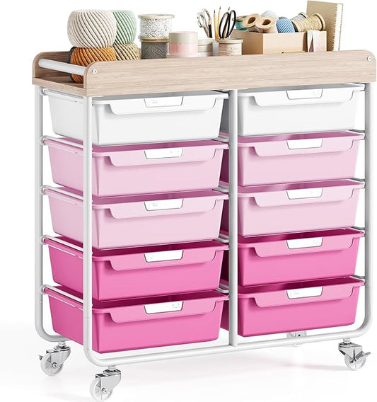 10 Drawers Rolling Cart with Wooden Tabletop, Utility Storage Cart with Wheels, Art Supply Craft Organizer on Wheel with Metal Frame & Handles for Home Office School,Pink | Easy Setup, Large Capacity, Sturdy Build, Lockable Mobility, For office, classr...
