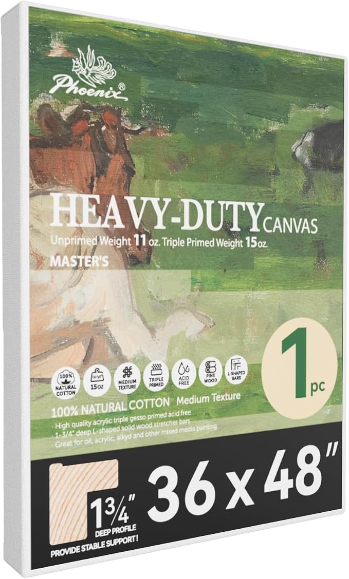 PHOENIX 36x48 Inch Stretched Canvas, 1 Pack | Heavy Duty, 1 3/4" Thick, Master Series 15 Oz. Gesso Primed, Cotton Archival, For Professional Artists