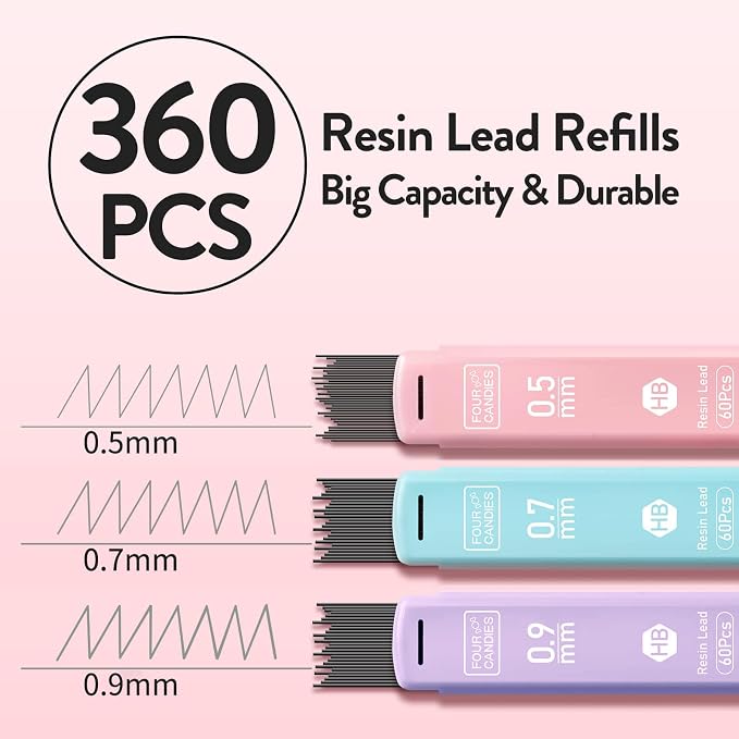 Four Candies Pastel Mechanical Pencil Set with Case, 6-Pack | 0.5/0.7/0.9mm, 360 Leads, 3 Erasers, 9 Eraser Refills, Back to School Supplies for Girls, Cute Aesthetic Stationery
