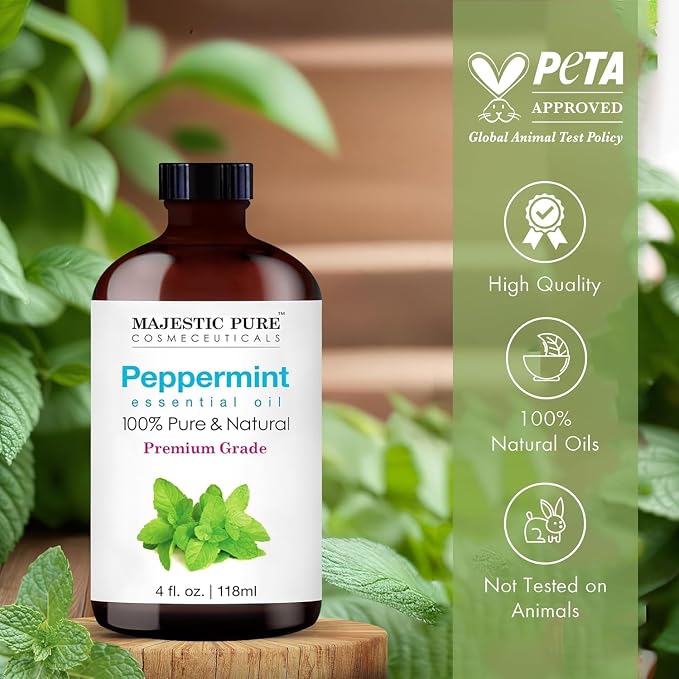 Majestic Pure Peppermint Essential Oil for Diffuser - 4 Fl Oz | 100% Pure and Natural Peppermint Oil for Aromatherapy, Massage, Steam inhalation, Air Freshner, DIY, Soap and Candle Making