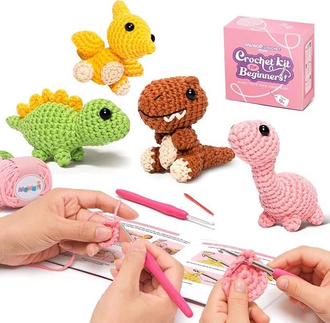 Mewaii Crochet Kit for Beginners, 4 Pack Dinosaur Set Craft Set | 40% Extra Yarn, Video Tutorial, Pre-Started Piece, Beginner Friendly, Family Craft Gift for Adults & Kids
