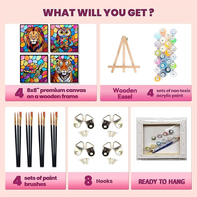 cviokrdu 4 Pack Paint by Numbers Kit for Kids with Frame - Wooden Easel, Animal Paint by Numbers for Kids Ages 4 8 12, Easy Animals Acrylic Oil Painting Kits for Home Wall Decoration 8x8 inch