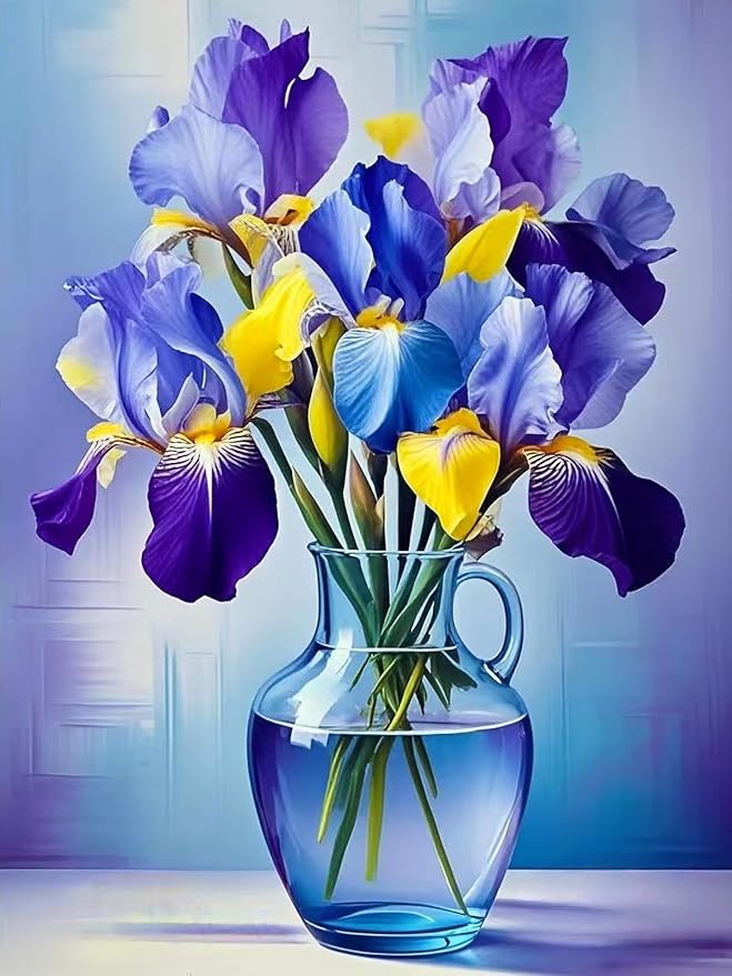 PINFFSHU Flowers Diamond Art Kits for Adults, Stunning Iris Bouquet in Glass Vase Diamond Painting Kits with Full Drill,5D Diamond Painting DIY Gem Art and Crafts for Home Wall Decor Gifts12x16 inch