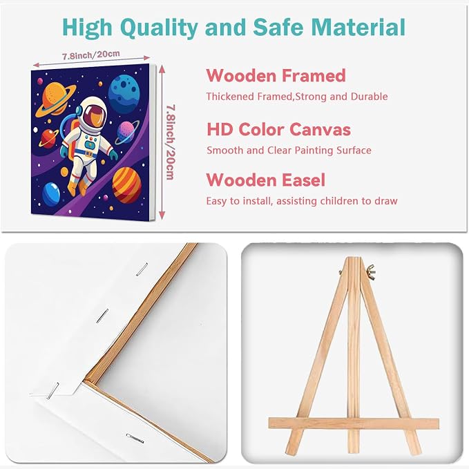 cviokrdu 4 Pack Paint by Numbers Kit for Kids with Frame - Wooden Easel, Outer Space Paint by Numbers for Kids Ages 4 8 12, Easy Astronaut Acrylic Oil Painting Kits for Home Wall Decoration 8x8 inch
