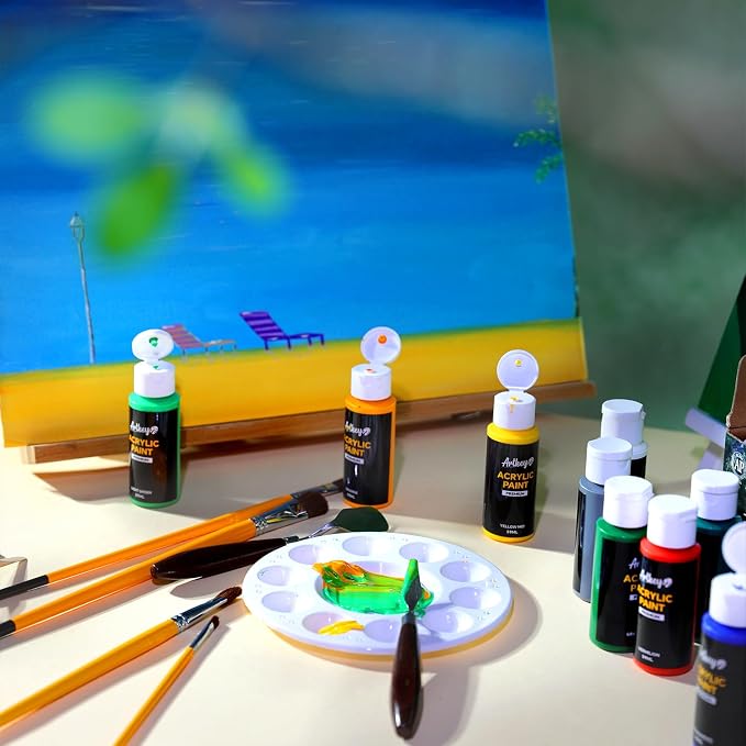 Artkey Acrylic Paint Set, 16 Colors 2 oz/59 ml Acrylic Paint Kit for Professional Artists & Beginners – Summer Bold Art & Craft Supplies for Canvas, Wood, Fabric, Rock, Leather, Ceramic, Glass