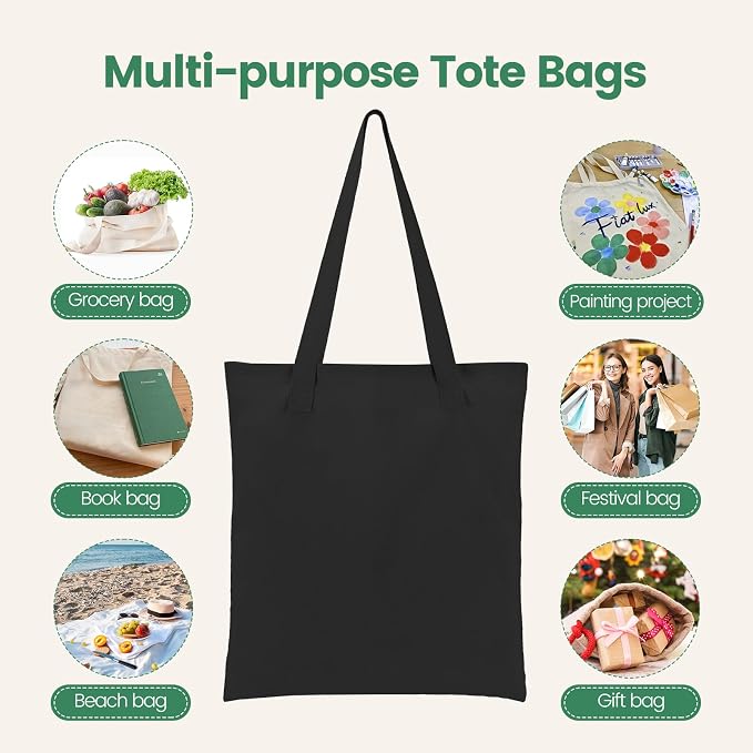 Carbrea 12 Pack Thin Canvas Tote Bags Bulk, Reusable Grocery Bags - Black | Lightweight, 5oz Natural Canvas, Reinforced Stitches, Blank Design, Ideal for Shopping DIY Sublimation Activity Gift