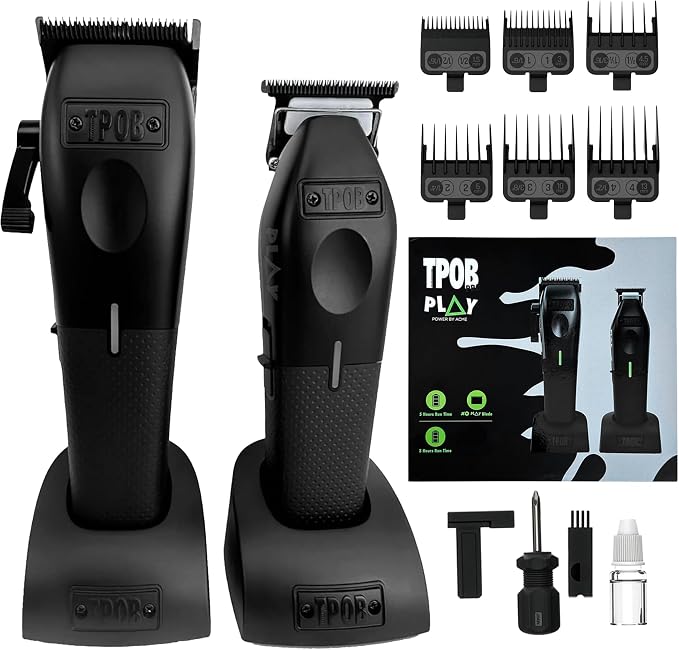 TPOB Play Barber Hair Clipper and Trimmer for Men 7500 RPM with Rubber Grips (Blackout 2 Set)