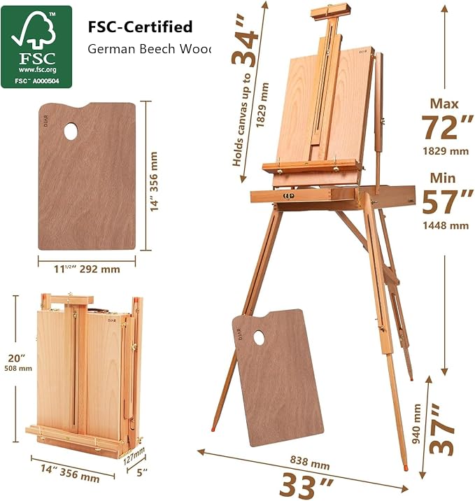 DJAR Beechwood French Easel with Shoulder Strap, Holds Canvas up to 34" | Adjustable, Palette, Level Instrument, Scale Leg, Outdoor & Indoor, Tabletop & Floor Use for Professional & Beginner Artists