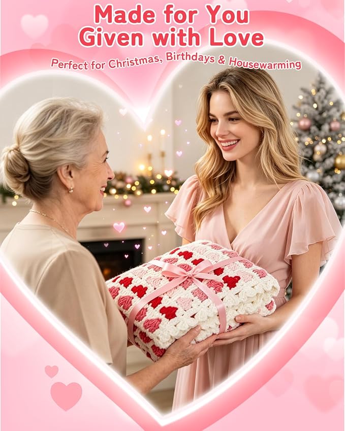 Arborthread Blanket Crochet Kit for Beginners, Crochet Heart Blanket Kit with Soft Chenille Yarns, Detailed Video & Instructions for Adults & Kids – Featuring a Heart Pattern & Edging, Pink