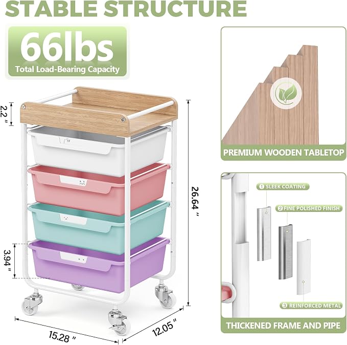 SYKIARIOL Rolling Utility Storage Cart,4 Labeled Ice Cream Colored Drawers | Art Craft Sewing Study Organizer Cart with Wooden Tabletop,for Crafters,Artists,Sewing enthusiast,Kids,Teachers,Students