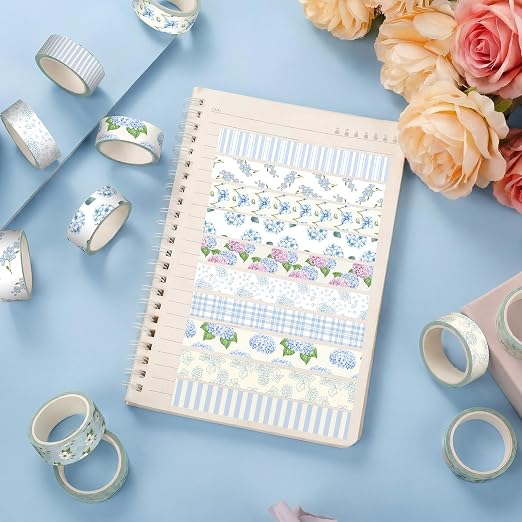 12 Rolls Floral Washi Tape Set,Light Blue,Hydrangea | Watercolor Flowers Design for Scrapbook Journal DIY Craft School Supplies, 15 mm Vintage Decorative Masking Washi Tapes