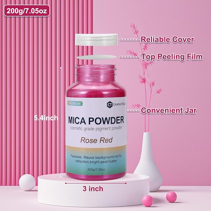 Mica Powder,7.05OZ（200g）,Rose Red Mica Powder Pigment for Epoxy Resin，Lip Gloss，Paint，Dye，Soap Making，Nail Polish,Candle Making,Bath Bombs(Rose Red)