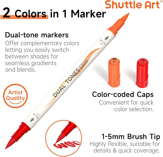 Shuttle Art 120 Colors Dual Tone Acrylic Paint Markers, 60 Pack Acrylic Paint Pens Set for Rock Painting, Ceramic, Wood, Canvas, Glass, Stone, Fabric, Card Making, DIY Football Crafts, FlipFunAlong