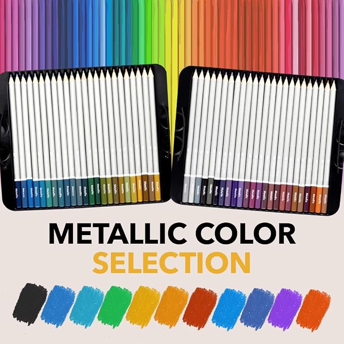 Castle Art Supplies Metallic Colored Pencil Set | 48 Shimmering Shades with Wax Cores for Professional and Adult Artists | Presented in Tin Case