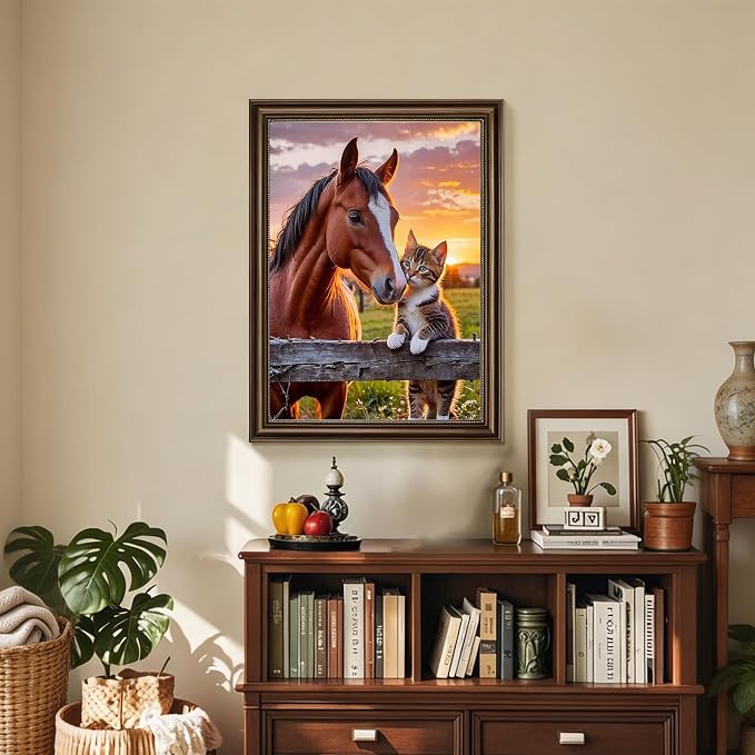 5D Horse and Tabby Kitten Diamond Art kits for Adults Beginners 12x16inch | Sunset Farm Diamond Painting Kit DIY Full Round Drill Paint by Diamonds Dot Gem Art for Adult, Home Wall Decor