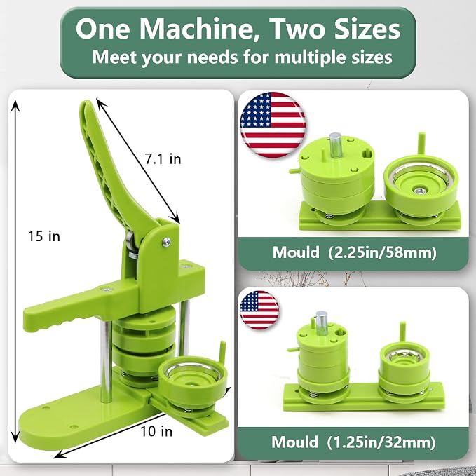 Happizza Button Maker Machine Multiple-Sizes - Pin Maker Machine 1.25 inch+2.25 inch, Interchangeable Button-models Badge Button Press Machine with 200 Sets 32+58mm Button Maker Supplies&Circle Cutter