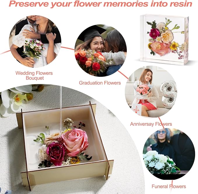 LET'S RESIN Deep Resin Molds, 8Pcs Flower Preservation Silicone Mold Set | Epoxy Resin Casting, Large Bouquet Keepsake Molds, Square, Hexagon & Heart Shapes, Silicone Molds for DIY Home Decor & Gifts