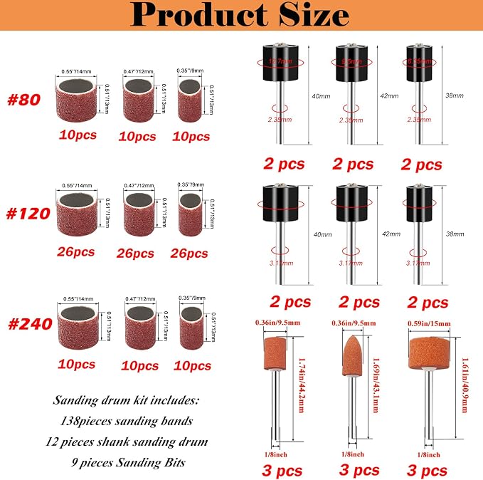 187-Piece Sanding Drum Kit for Drill & Drill Press – Includes 2inch Spindle Sander Sleeves (60/80/120/240 Grit), 4 Rubber Sanding Drums, 1/4-Inch Shank,Versatile Sander Accessory with Box