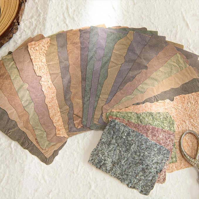 84 Sheets Vintage Textured Scrapbook Paper, 3D Embossed | 2.4 x 3.2 & 3.4 x 4.9 in | Deckled Edge | Coffee-Stained & Fiber Textures | Junk Journaling | Mixed Media | Collage