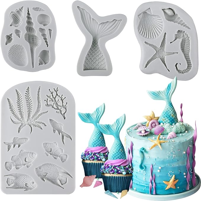 Sakolla 4 Pcs Marine Theme Silicone Fondant Molds, Mermaid Tail Seashell Conch Starfish Shape Silicone Molds for Cake Decoration, Chocolate, clay, Crafting