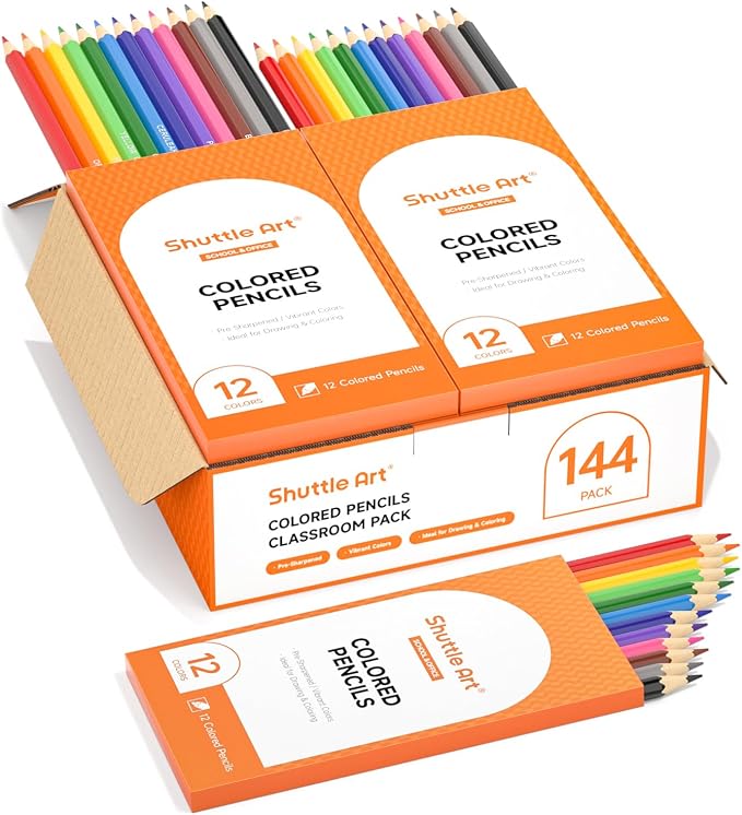 Shuttle Art 144 PCS Colored Pencils Bulk, 12 Assorted Colors, Pack of 12, Break-Resistant, Pre-sharpened Colored Pencils for Kids, Bulk Pack School Supplies for Teachers & Students