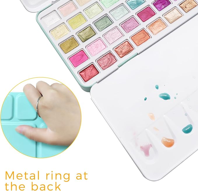 Artecho 50-Color Metallic Watercolor Paint Set with Easy-Hold Ring | 50 Metallic Colors with a Shimmer Finish; Includes Black and White Color Charts; Suitable for Dark and Light Paper
